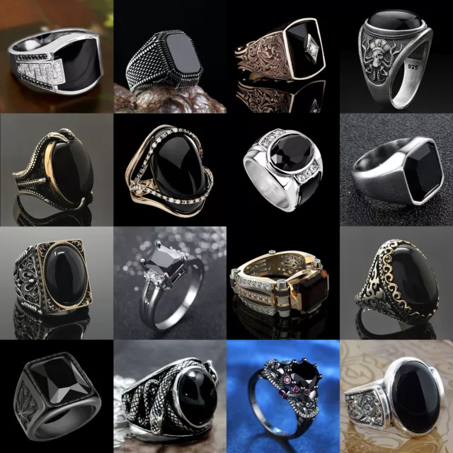 Fashion Men Women 925 Silver Jewelry Wedding Rings Black Zircon Gift Size 6-13