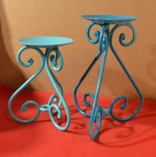 Set of 2 Blue Metal Pedestal Candle Holders - Large Pillar or Jar Candle 2-Tone
