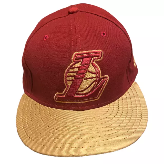 New Era 59Fifty LA Lakers Baseball Cap Hat Red Gold size 7.5 Fitted LeBron
