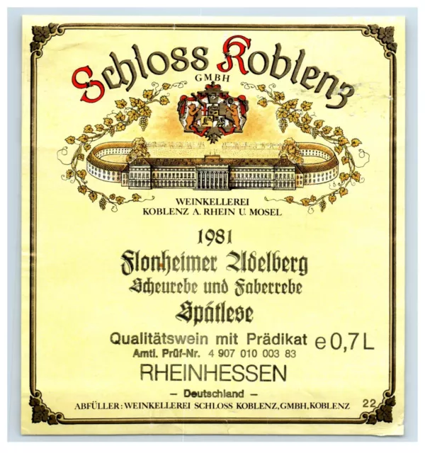 1970's-80's Schloss Roblens Spatlese Wine Label Original S20E