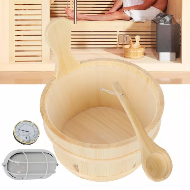 USA Wood Sauna Accessories Bucket +Plastic Liner Water Scoop Timer Thermometer