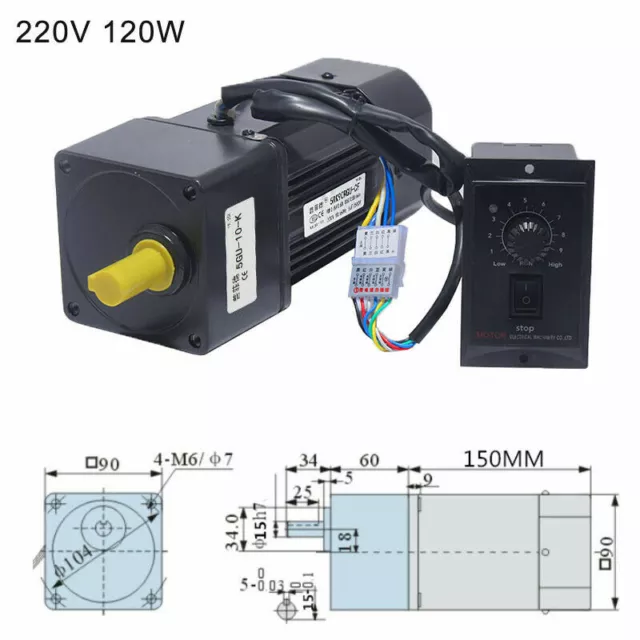 220V 120W AC Gear Motor Electric with Variable Speed Controller 1:10 125 RPM/MIN