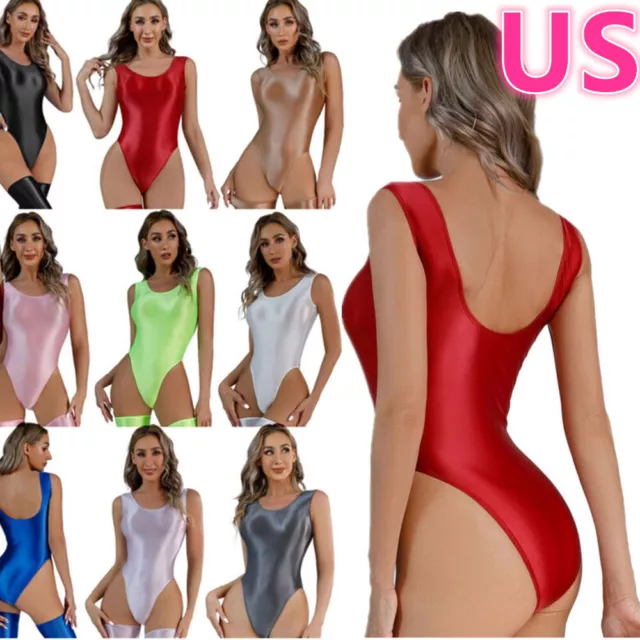 US Women One Piece Swimsuits Glossy Leotard Bathing Suit High Cut Thong Bodysuit