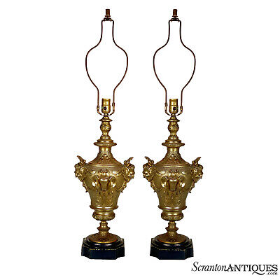 Antique French Rococo Bronze Urn Table Lamps w/ Figural Face Motif - A Pair