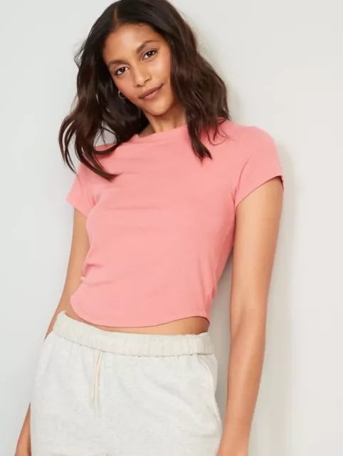 Old Navy Women’s Size 2X ~ Short Sleeve Cropped Rib Knit T-Shirt Tee  $17 Salmon