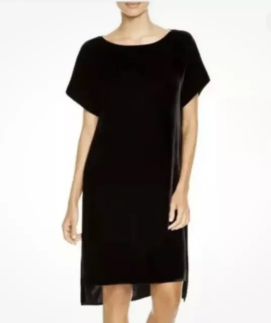 Eileen Fisher Black Short Sleeve Velvet Drape Bateau Dress Black Rayon Silk Sz M