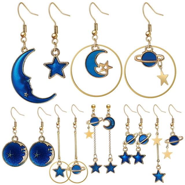 7 Paar Mondstern Erde Planet Drop Haken Ohrringe Emaille Langer Anhänger Dangle