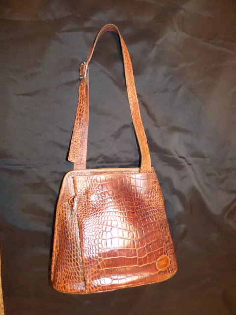 Vintage LONGCHAMP Embossed Croc Leather Shoulder Bag Handbag Brown