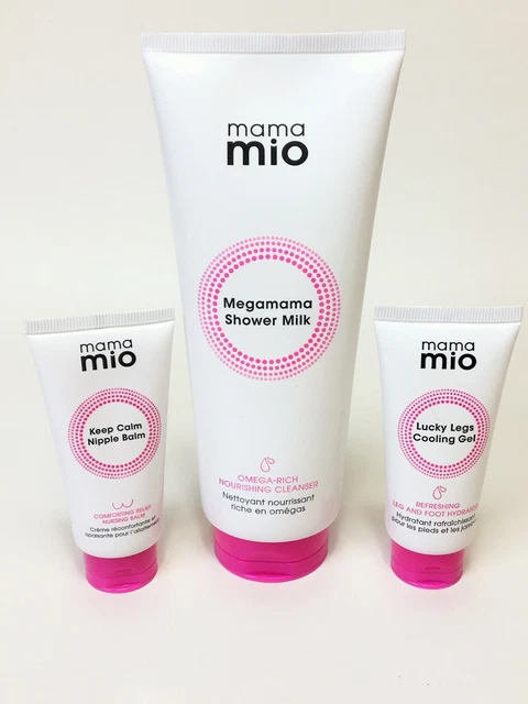 Leche de ducha de embarazo Mama Mio + bálsamo de pezón para mantener la calma + gel enfriador para piernas de la suerte