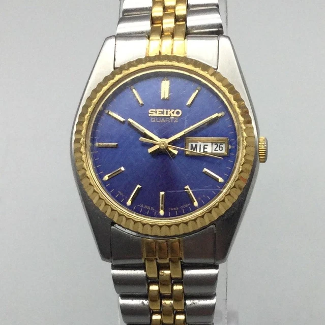 Vintage Seiko Womens Watch 25mm Blue Dial Two Tone 7N83-0041 New Battery 6.5\