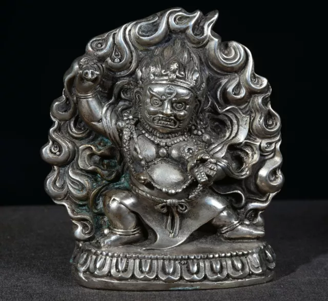 4.4" Old Tibet Tibetan Silver Mahakala Wrathful Deity Backlight Statue