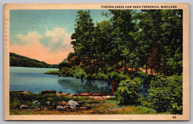 Fishing Creek Dam Frederick Maryland Waterfront Forest Linen Vintage Postcard