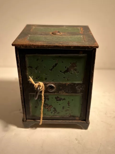 Antique Cast Iron Safe Style Coin Bank Key Operated with Hinged Door