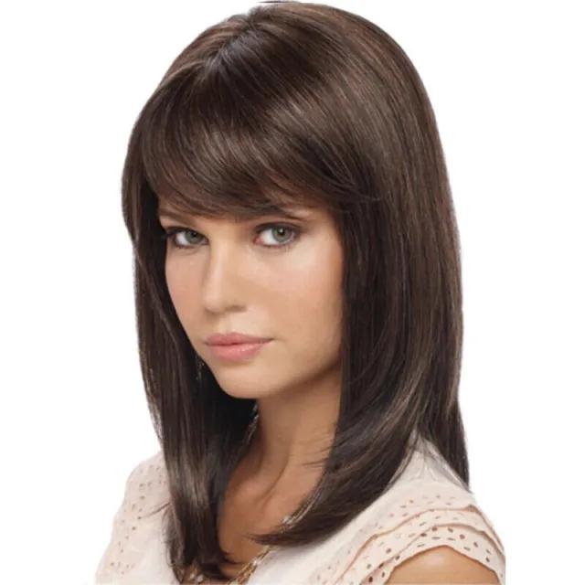 Womens Brown Long Straight Wigs With Bangs Party Full Wig Synthetic Hair Cosplay