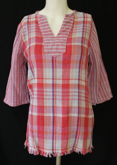 Roaman's Cotton Gauze Pink Plaid Tunic Top 3/4 Sleeve Hi Low Hem Size 14