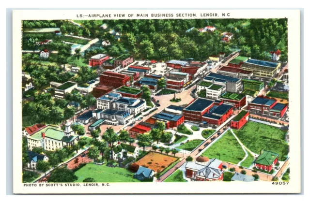 Postcard Airplane View of Main Business Section, Lenoir NC linen X11