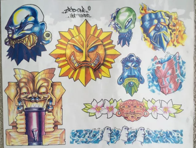 Tattoo Flash Single Sheet Print Aliens Flowers Tiki, Gods, Sun, Water 11" X 14”