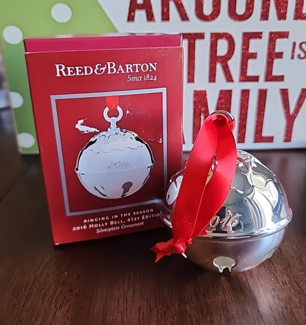 Reed  Barton Holly Bell 2016 Silverplate Christmas Ornament 41st Edition W Box