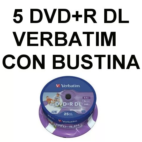 5pz DVD+R DL DUAL LAYER 8,5 GB VERBATIM 8,5GB VERGINI VUOTI BUSTINE CON ALETTA