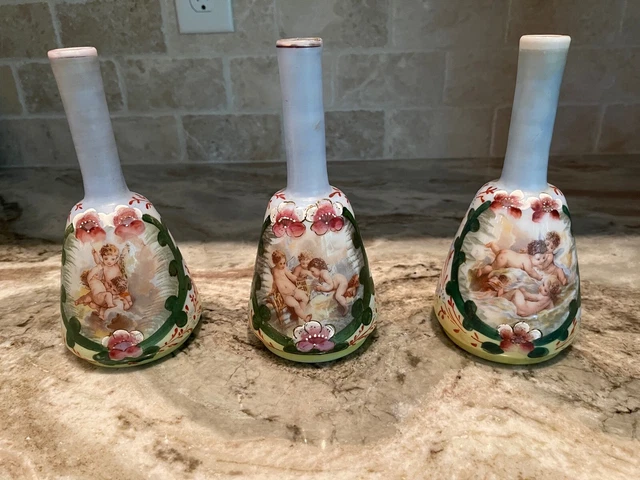 3 Victorian Art Glass Barber Bottles Cherubs Hand Painted Vintage Old