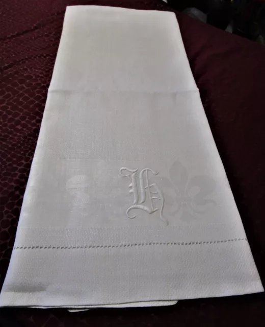 Antique Nubby Linen Damask Towel h Monogram Fleur de Lis Pattern Hemstitched