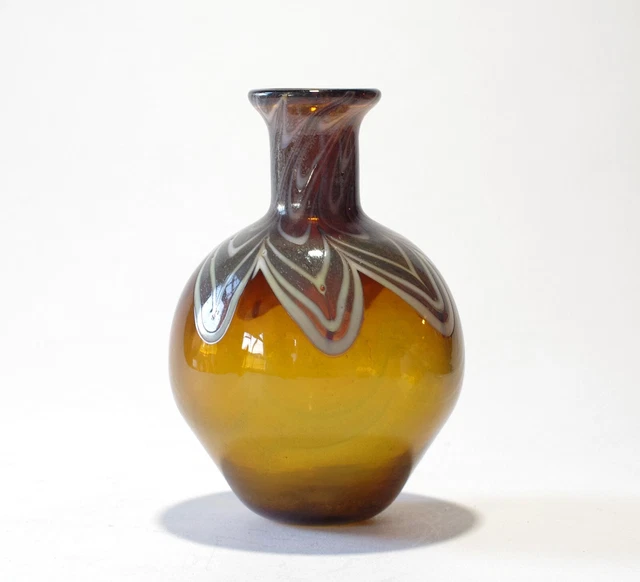 Studio Art Glass Hand Blown Amber Vase with Pulled Decoration - Signed and Dated