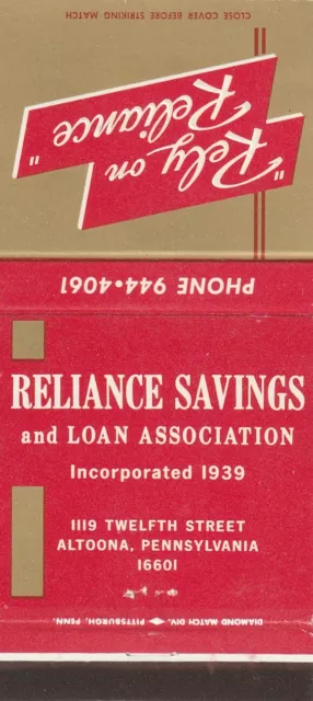 Vintage Matchbook Cover. Reliance Savings & Loan Association. Altoona, Pa.