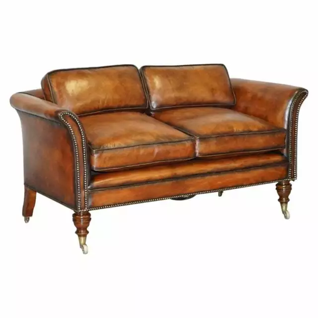 Very Rare 138Cm Wide Victorian Howard & Sons Fully Restored Brown Leather Sofa