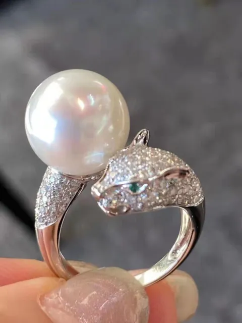 Gorgeous Huge AAA 10-11mm Real Natural South Sea White Round Pearl Ring 925s