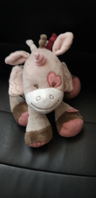 Peluche doudou licorne Jade NATTOU rose gris beige ailes cœur 30 cm TBE