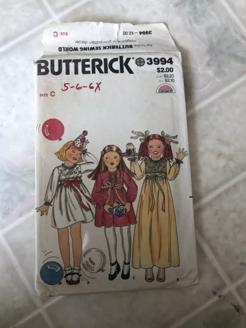 Vestido de Fiesta Corto y Largo Patrón de Costura Butterick 3994 Niñas Talla 5-6-6X