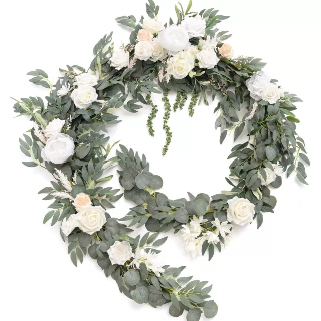 Ling's moment 9FT Eucalyptus and Willow Leaf Garland with White Flower, Handc...