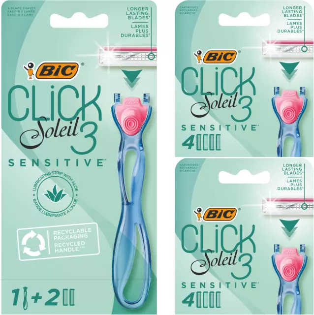 BIC Click 3 Soleil Sensitive Rasierer Damen, Nassrasierer mit 10 Wechselklingen