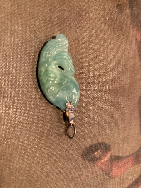 Vintage Chinese Green Jade Jadeite  Fish Koi Carp Pendant 1 5/8”
