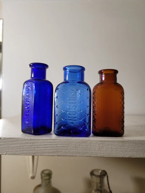 Lot of 3 Antique poison bottles lattice cobalt/sapphire blue triangle amber 