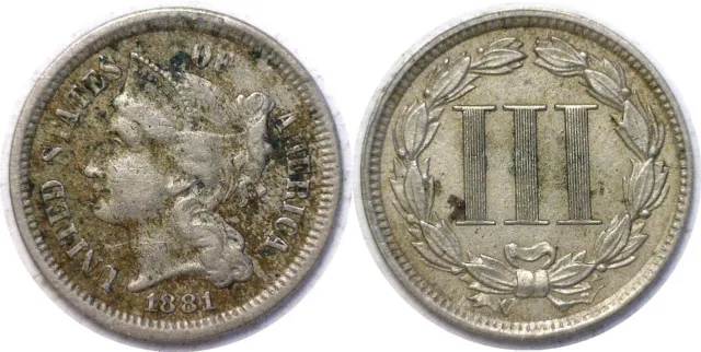 1881 3CN Three Cent Nickel Extra Fine Details