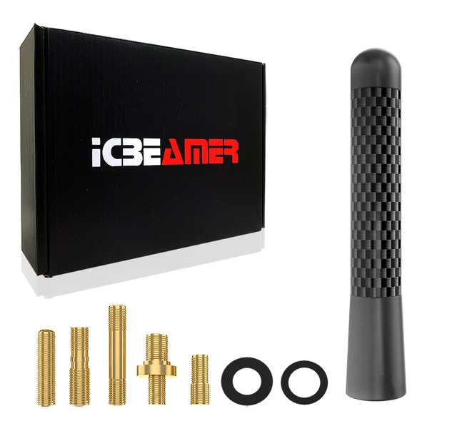 ICBEAMER Carbon Fiber Black Aluminum Stubby Car AM/FM Radio 3" Mini Antenna Q16