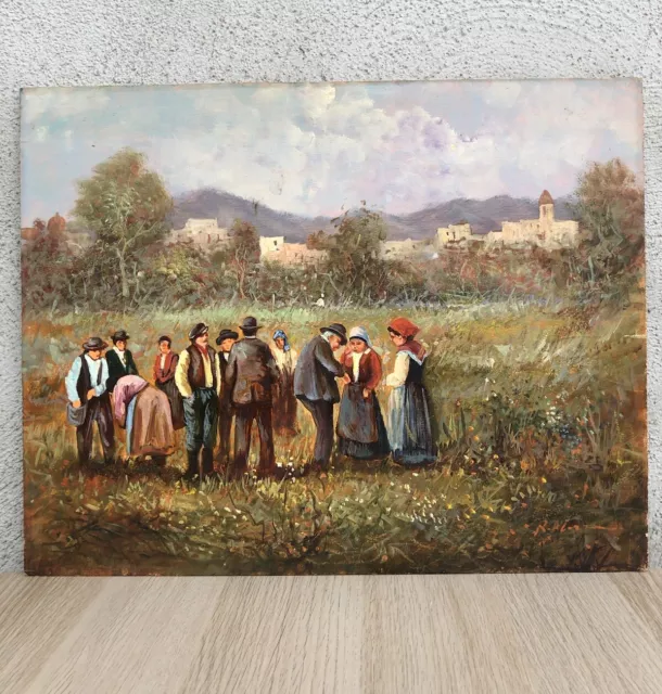 Quadro vintage -Paesaggio Con Contadini- dipinto a olio su tela