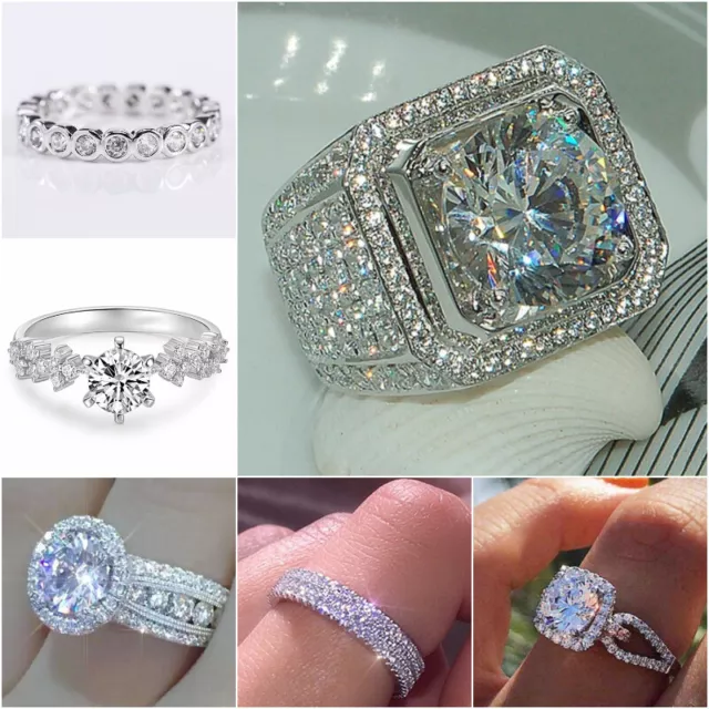 925 Silver Filled Ring Elegant Round Cubic Zircon Women Wedding Ring Sz 6-10