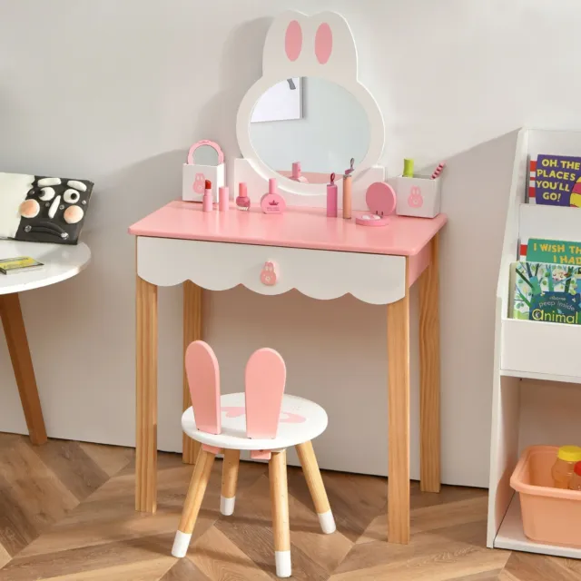 Juego de mesa y silla de tocador para niños pretendido maquillaje tocador con espejo y cajón