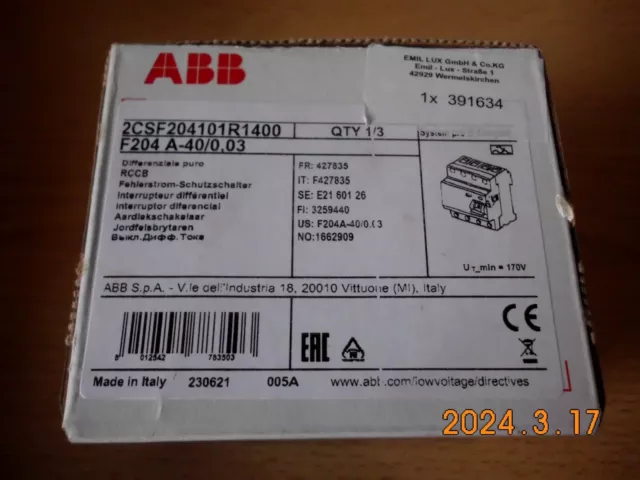 ABB FI-Schutzschalter2CSF204101R1400-F204,40/0,03 4 Polig Typ A 40A 30mA NEU OVP