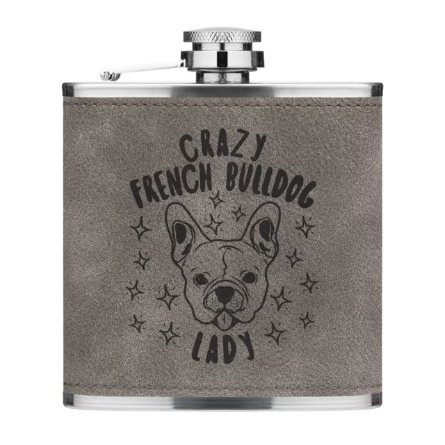 Crazy Bouledogue Français Lady Stars 170ml Cuir PU Hip Flasque Gris Chien Chiot
