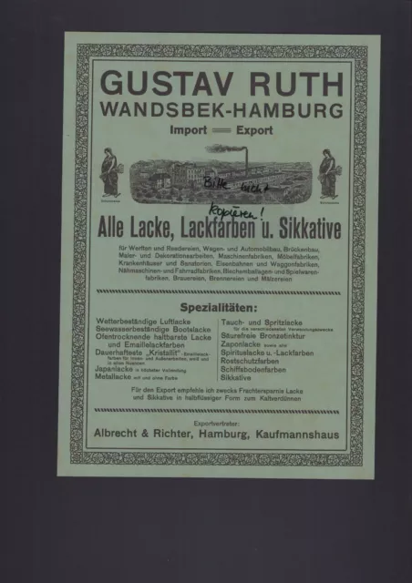 WANDSBEK-HAMBURG, Werbung 1910, Gustav Ruth Lacke Farben Sikkative