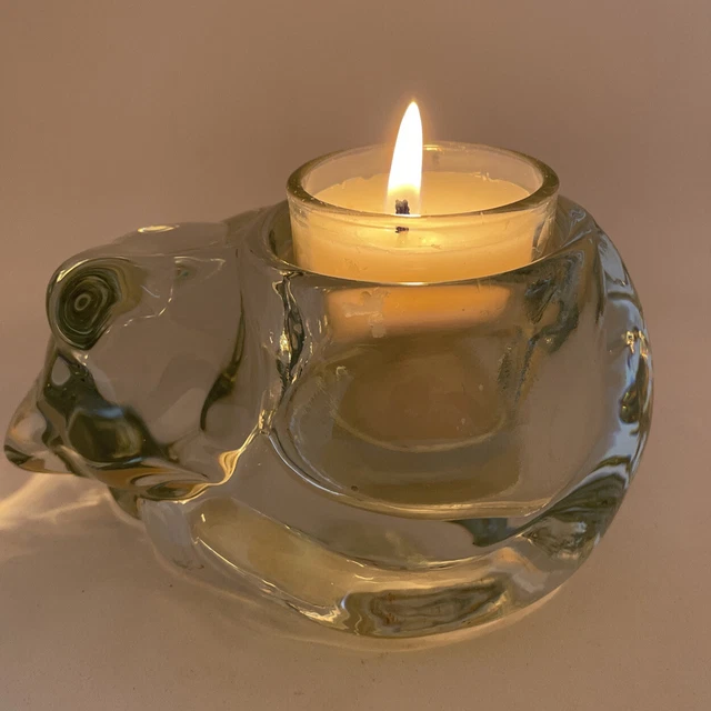 Indiana Glass Sleeping Kitten / Cat Crystal Votive Candle Tea Light Holder Clear