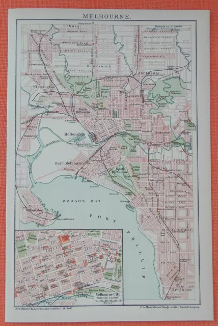 Melbourne City  Hobson Bay Brighton Australien  historischer Stadtplan map 1894