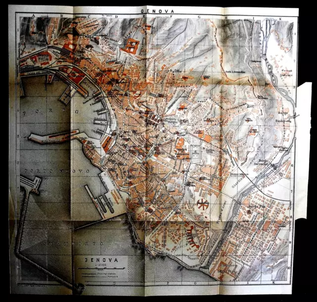 1901 Antica Stampa Geografica:mappa Genova,Citta/Dintorni Porto Scala 1:10,000..