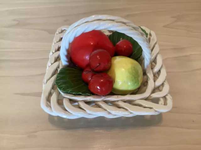 Vintage Capodimonte Lattice Woven Ceramic Basket with Fruit Pottery