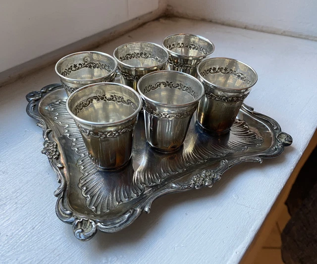 Service à Liqueur en Argent Massif - 6 gobelets + un plateau - Art Nouveau