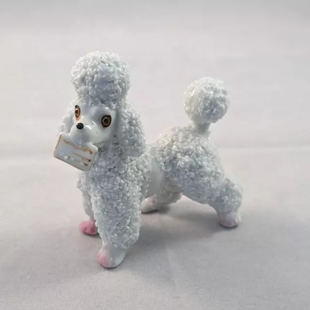 Vintage MCM Porcelain Sugar Poodle Figurine From Japan White Carrying Letter