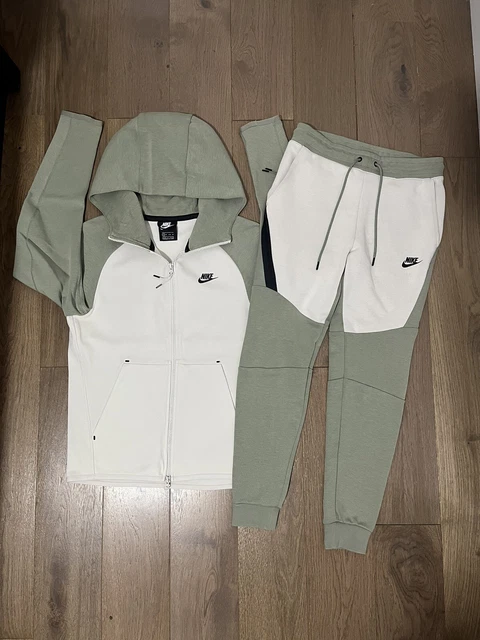 MENS NIKE TECH fleece full zip Green and Marl white tracksuit size
